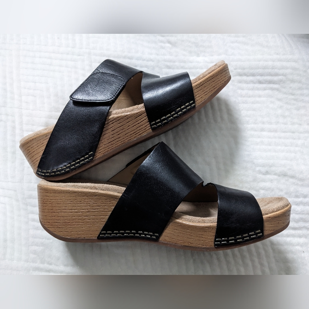 Dansko Black Leather Slide Mules with Wood-Effect Wedge - Picture 9 of 13